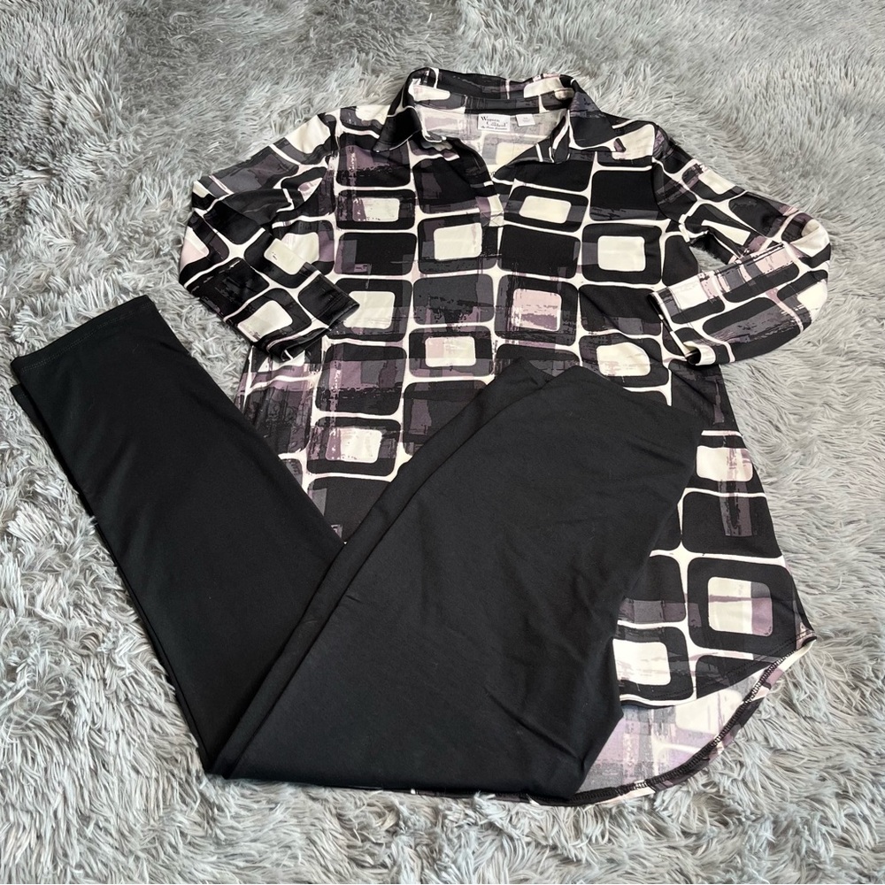 Women With Control Set Blouse Pants Womens XS NWT Geometric Purple Black Tunic